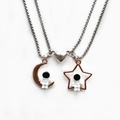 Colliers de couple astronaute magnétique avec breloques lune et étoile en or rose et chaîne - Chaîne Carrée Lune & Étoile Cœur Argent (Paire)