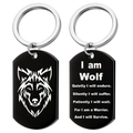 Black stainless steel wolf head dog tag keychains with inspirational text for men - Wolf Head Design Keychain / Black Keychain (Double-sided)