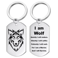 Detail view of double-sided stainless steel dog tag keychains with wolf head and motto - Wolf Head Design Keychain / Silver Keychain (Double-sided)