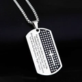 Detail of stainless steel dog tag pendant with engraved Bible verse and cross on pearl chain - Steel