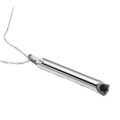 Detailed close-up of a silver stainless steel meditation whistle pendant with thin chain - Silver Cross Chain