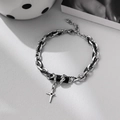Detail of punk style silver chain bracelet with black accents and star cross charm - Bracelet (18+5cm) / Black Zirconia Black