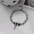 Celestial wrap silver chain bracelet with black stone and cross pendant in punk style - Bracelet (18+5cm) / Black Zirconia Silver
