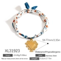 Collana a foulard in seta floreale con ciondolo a cuore dorato in acciaio inossidabile - Ciondolo Cuore Cavo Sciarpa Floreale Blu Arancio (XL31923)