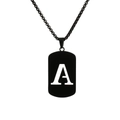 Black military tag pendant necklace with hollow letter A on a sleek box chain - Letter A