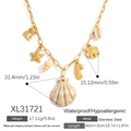 18K gold plated stainless steel necklace with seahorse, starfish and seashell charms - Large Shell Dolphin Style (XL31721)