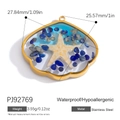 Waterproof gold stainless steel seashell pendant with starfish and blue stones - Starfish Shell Style (PJ92769)
