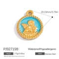 Stainless steel 18K gold plated round angel relief pendant with blue enamel, 20mm diameter - Light Blue Angel (PJ92719B)