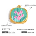 Stainless steel 18K gold pendant with pink tulip enamel in a round colorful design - Round Pink Tulip (PJ92773)