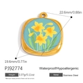 Waterproof gold stainless steel square charm pendant with yellow narcissus flower detail - Light Blue Three Daffodils (PJ92774)