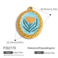 Vintage gold oval stainless steel tulip pendant with blue enamel and orange floral detail - Light Blue Orange Flower Oval (PJ92779)