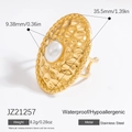 Golden hammer-textured stainless steel ring with a large 9mm pearl inlay - Oval Hammered Wide Face Style (JZ21257)