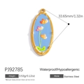 Retro stainless steel oval pendant with blue enamel and pink floral pattern charm - Light Blue Pink Orange Floral (PJ92785)