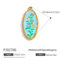 18K gold plated stainless steel oval pendant with blue enamel floral design and dimensions - Three-color Interspaced Flower (PJ92786)