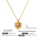 Collar de acero inoxidable dorado con colgante de corazón floral rosa y dimensiones - Colgante de Corazón Floral de Esmalte Dorado (XL31974)