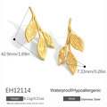 Pendientes de hoja en acero chapado en oro 18K, tamaño de 42,9mm por 7,33mm - Estilo de Hoja Ramificada Sólida (EH12114) / Dorado