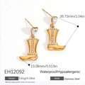 18K gold plated stainless steel cowboy boot earrings with heart-shaped zircon detail - Gold Rhinestone Heart Cowboy Boot (EH12092)