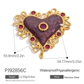 Stainless steel heart pendant with purple marble enamel and gold-plated floral frame - Vintage Hollow Heart Style - Purple (PJ92856C)