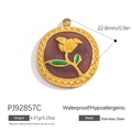 18K gold-plated stainless steel round floral pendant with purple enamel and rose relief - Vintage Rose Pendant - Dark Purple (PJ92857C)