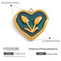 18K gold plated stainless steel heart pendant with teal enamel and golden tulips - Heart Tulip Pendant - Blue Green (PJ92859B)