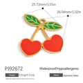 Red heart cherry charm in stainless steel with green leaves and golden metallic edges - Heart Cherry Pendant (PJ92672)