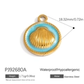 Blue enamel round pendant with golden shell design in waterproof stainless steel - Sky Blue Enamel Shell Round Pendant (PJ92680A)
