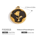 Round 18K gold-plated stainless steel rose flower pendant with black enamel finish - Black Enamel Rose Round Pendant (PJ92681B)