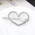 Elegant heart-shaped hair clip with sparkling crystals and a white pearl on a silver base - Thick Silver / Style Nine (B8102)