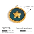 Waterproof gold stainless steel round charm with teal inlay and gold star design - Teal Star Round Pendant (PJ92683B)