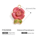 Pink enamel flower pendant with green crystal leaf in 18K gold plated stainless steel - Pink Enamel Flower Pendant (PJ92889B)