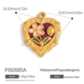 18K gold plated stainless steel heart pendant with pink floral enamel and purple inlay - Pink Flower Purple Enamel Heart Pendant (PJ92685A)