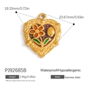 18K gold plated stainless steel heart pendant with colorful floral enamel detail - White Flower Black Enamel Heart Pendant (PJ92685B)