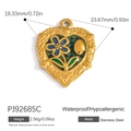 Waterproof stainless steel heart pendant with blue flower design and dimensions info - Blue Flower Green Enamel Heart Pendant (PJ92685C)