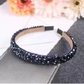 Navy blue crystal beaded headband with multi-row glittering stones on tan inner lining - Navy Blue