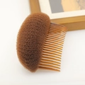 Close-up of brown hair volumizing tool with elastic sponge mesh and plastic insert comb - Coffee Small (E3501)