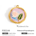 Pink enamel round pendant with white rose detail and gold stainless steel frame - Rose Round Quicksand Style (PJ93144)