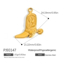 Gold stainless steel cowboy boot pendant charm with textured details for DIY jewelry - Cowboy Boot Carved Pattern Style (PJ93147)