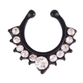 Black U-shaped septum ring with radiating clear rhinestones on a white background - Black