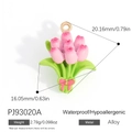 Pink tulip flower alloy pendant charm with green leaves and a delicate pink ribbon bow - Pink Tulip Bouquet Style (PJ93020A)