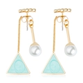 Pendientes dorados geométricos con triángulos verde menta y elegantes perlas blancas - Azul (A5411)
