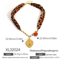 Leopard print silk scarf necklace with stainless steel golden heart and resin bead charm - Leopard Heart Style (XL32024)