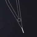 Double-layered silver necklace featuring geometric ring and vertical bar pendants - Double Layer Geometric Silver Style (D1432)