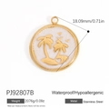 Golden stainless steel round pendant featuring a tropical palm tree and island design - White Coconut Tree (PJ92807B)