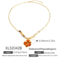 Gold stainless steel beaded necklace with orange enamel flower pendant and natural stones - Orange Red Five-petal Flower Necklace (XL32042B) / 18K Gold Plated