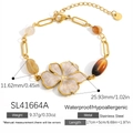 Gold-plated stainless steel floral bracelet with white enamel petals and amber resin beads - White Five-petal Flower Bracelet (SL41664A) / 18K Gold Plated