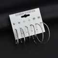 Set de 6 pares de pendientes plateados con circonitas cuadradas sobre cuero negro mate - Juego de Pendientes Combo de Aro y Botón de Plata (12 B2104)