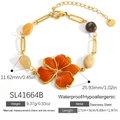 Gold-tone stainless steel bracelet with orange enamel flower and natural stone beads - Orange Five-petal Flower Bracelet (SL41664B) / 18K Gold Plated