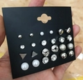 Juego de 12 pares de pendientes plateados con diamantes de imitación y perlas - Juego Combinado de Pendientes de Botón de Perla Artificial y Strass Tono Plateado (Black Card Silver B2106)