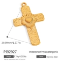 18K gold plated stainless steel sunburst cross pendant with heart detail for DIY jewelry - Gold Heart Cross (PJ92927)