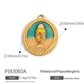 Pendentif ovale en émail poisson rouge en acier inoxydable plaqué or avec mesures - Style Poisson Cyan et Riz (PJ93060A)